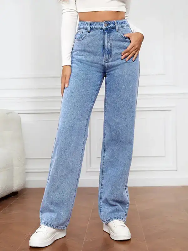 Refined High-Waist Washed Pocketed Straight Leg Jeans