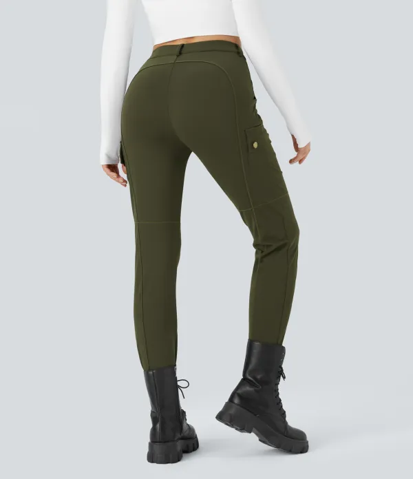 High Waisted Button Zipper Multiple Pockets Solid Skinny Cargo Pants