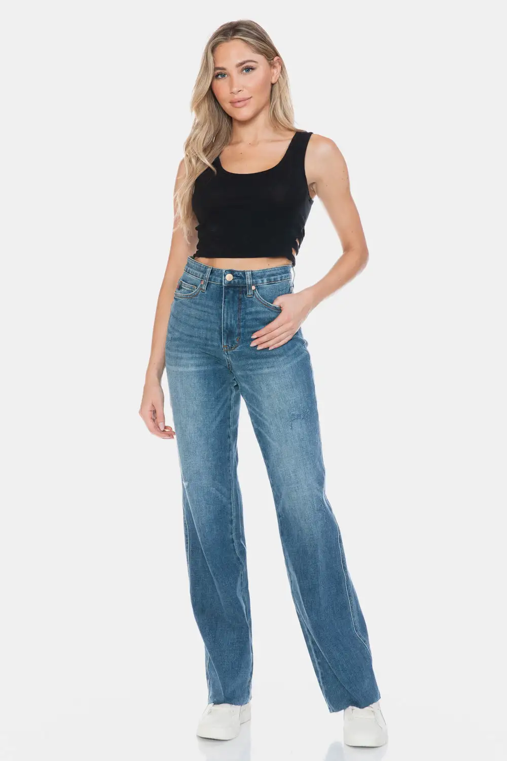 Tummy Control Cut Raw Hem Straight Denim Jeans