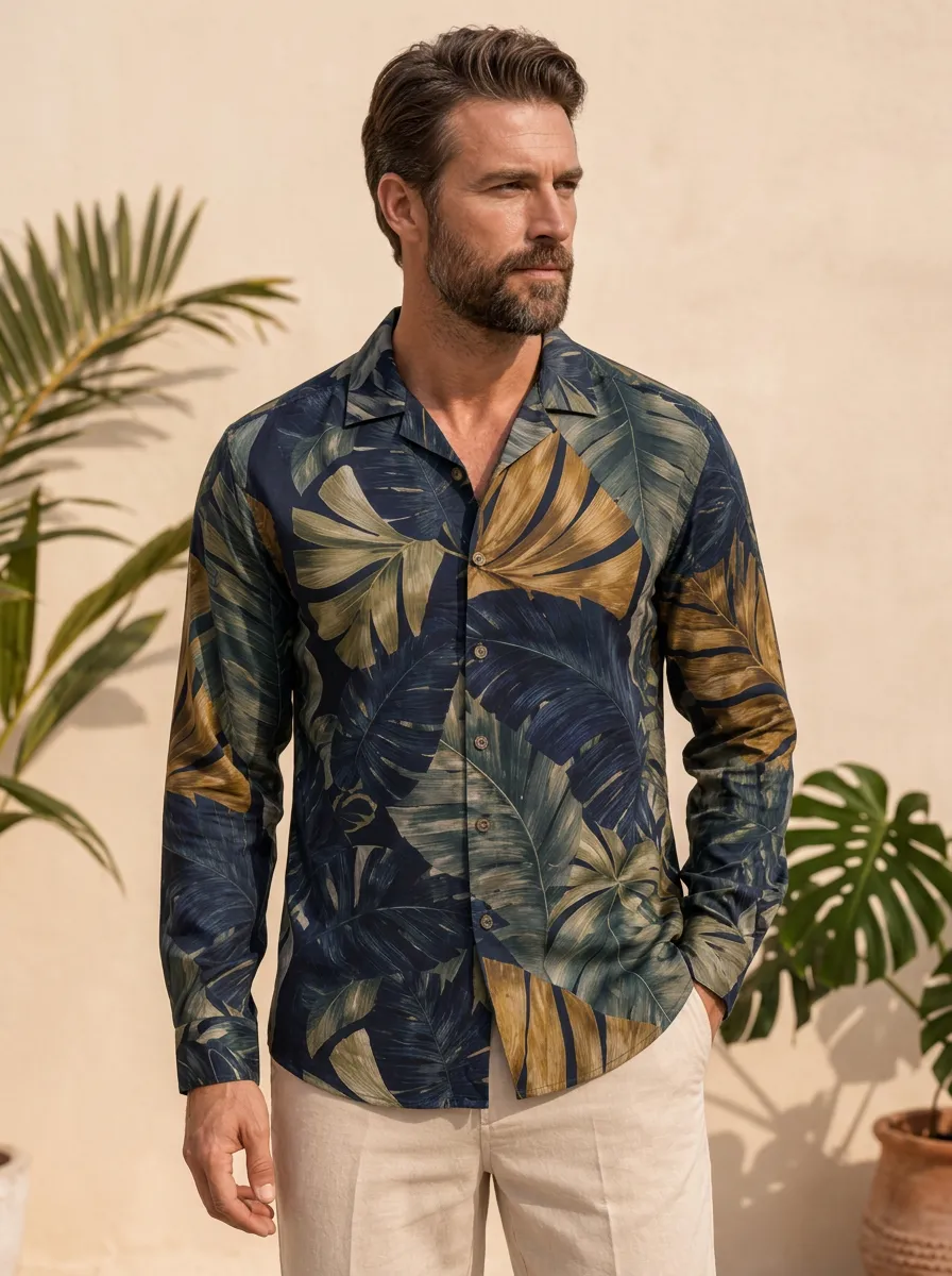 Men's Tropical Print Camp Collar Shirt with All-Over tropical leaf botanical print
