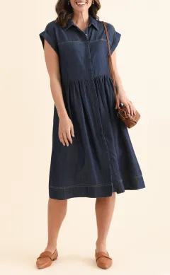 Below-Knee Denim Button-Front Pocket Collared Short-Sleeve A-Line Dress