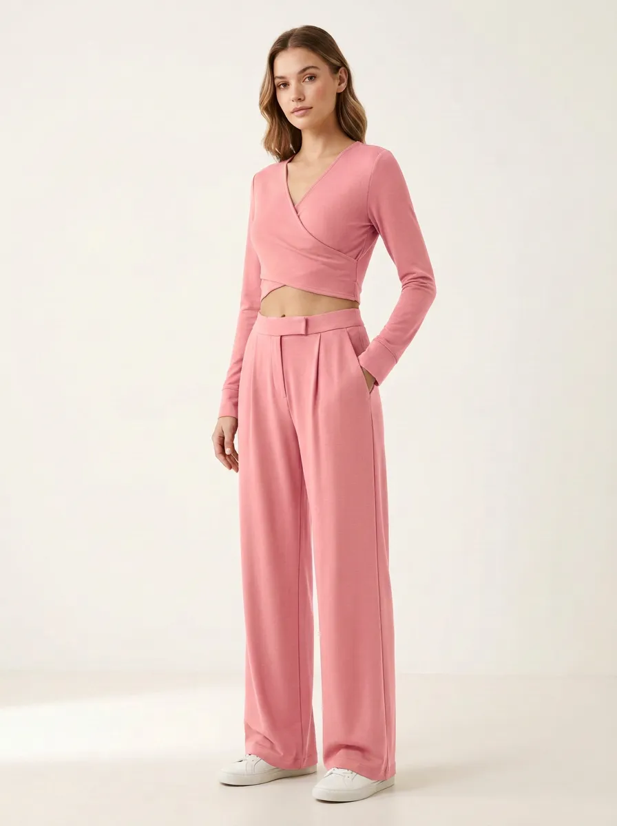 Women's Deep V-Neck Wrap Crop Top and Pleated Wide-Leg Trouser Set