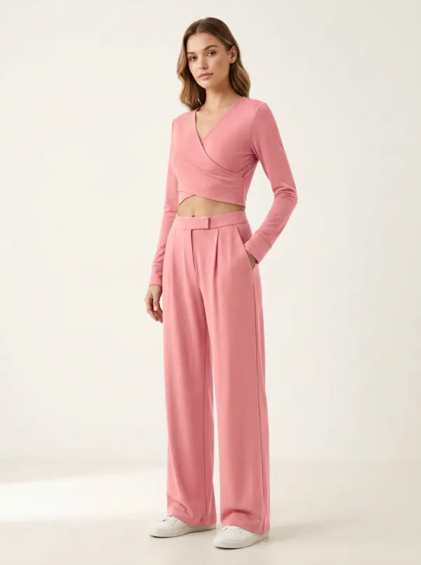 Women's Deep V-Neck Wrap Crop Top and Pleated Wide-Leg Trouser Set