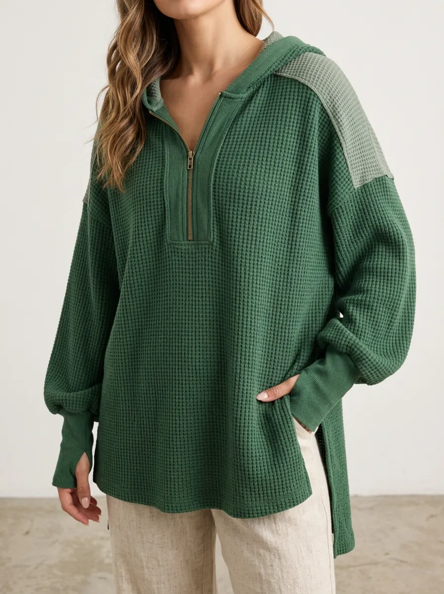 Minimal Everyday Waffle Knit Quarter Zip Hooded Top