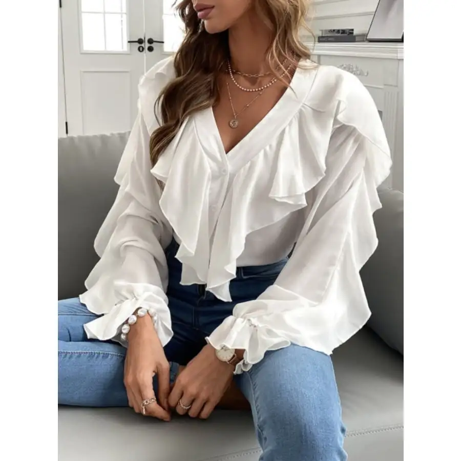 Full Size Ruffled V Neck Button Down Flounce Sleeve Blouse