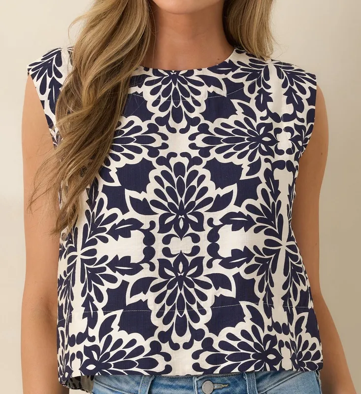 Navy Tile Print Sleeveless Top