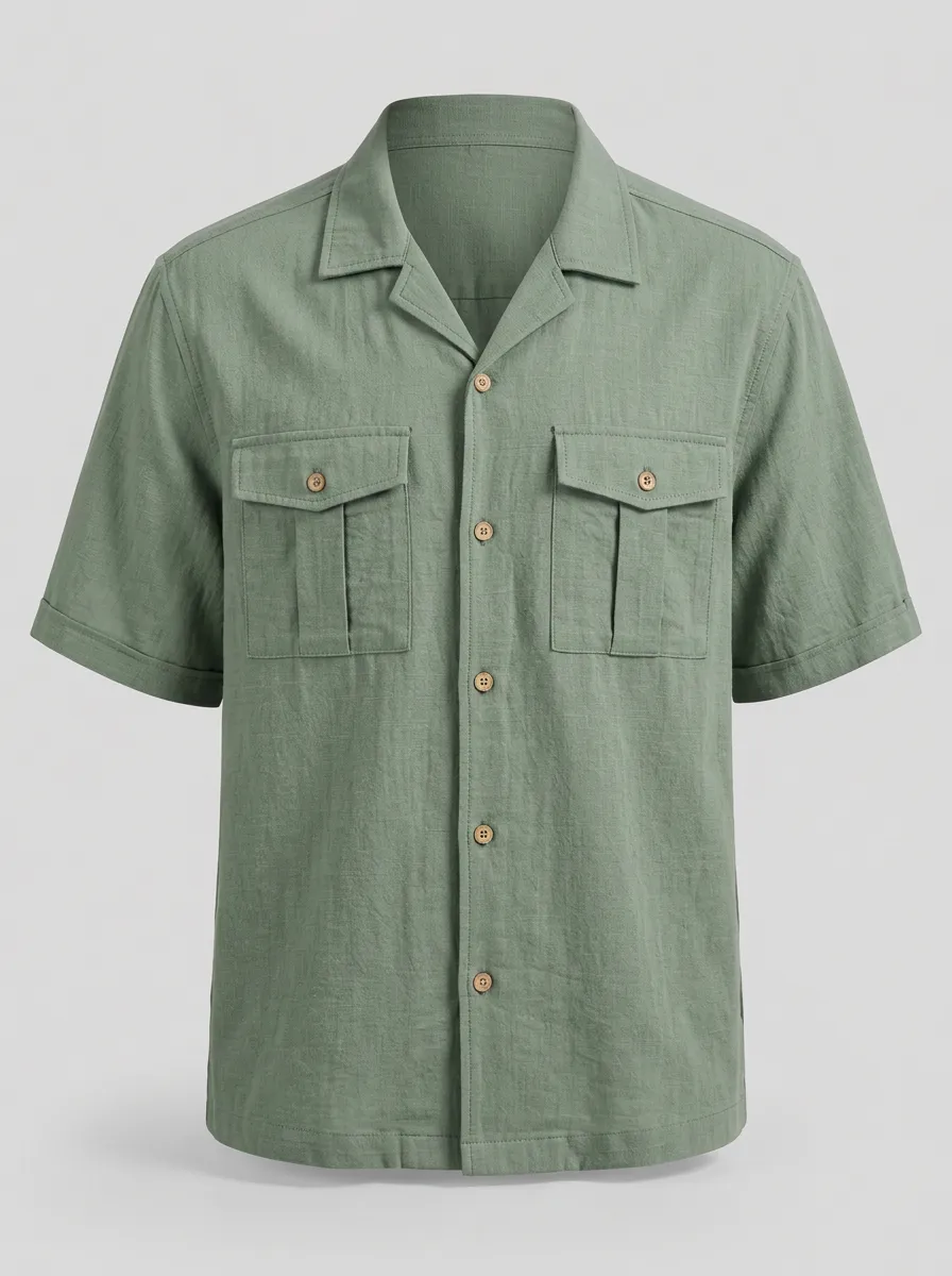Men's Casual Summer Green Pocket Button-Down Short Sleeve Shirt