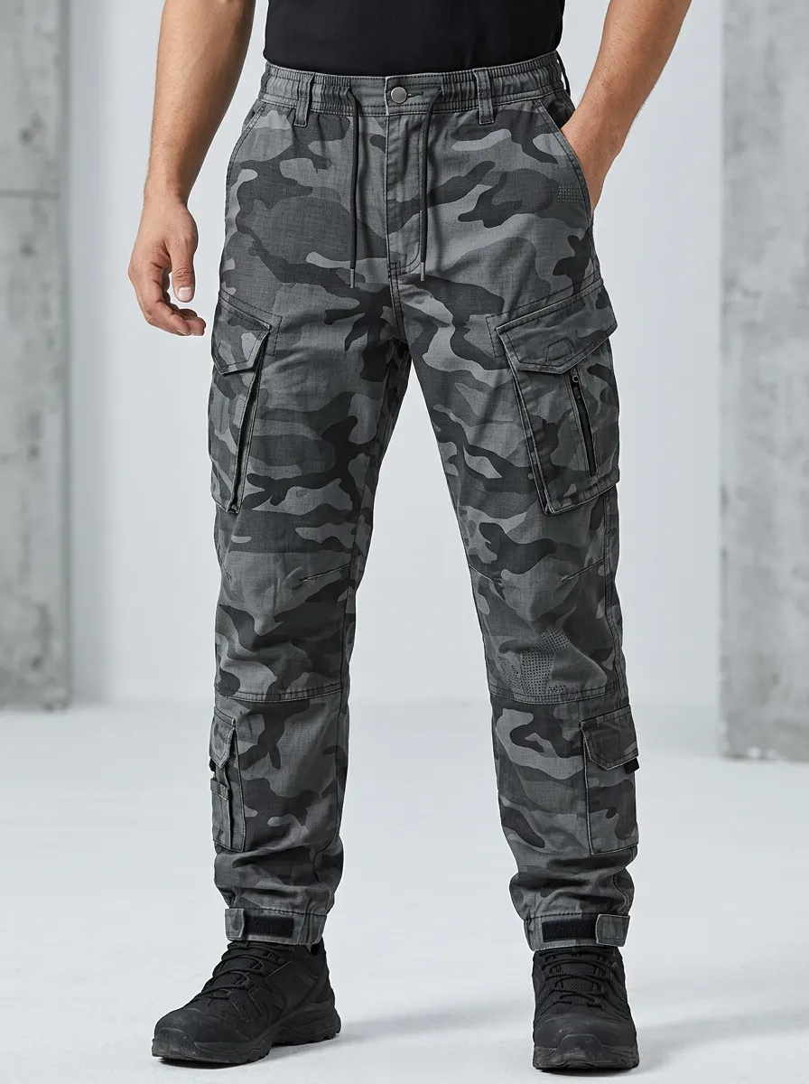 Men's Tactical Style Grey Camouflage Printed Cargo Pants