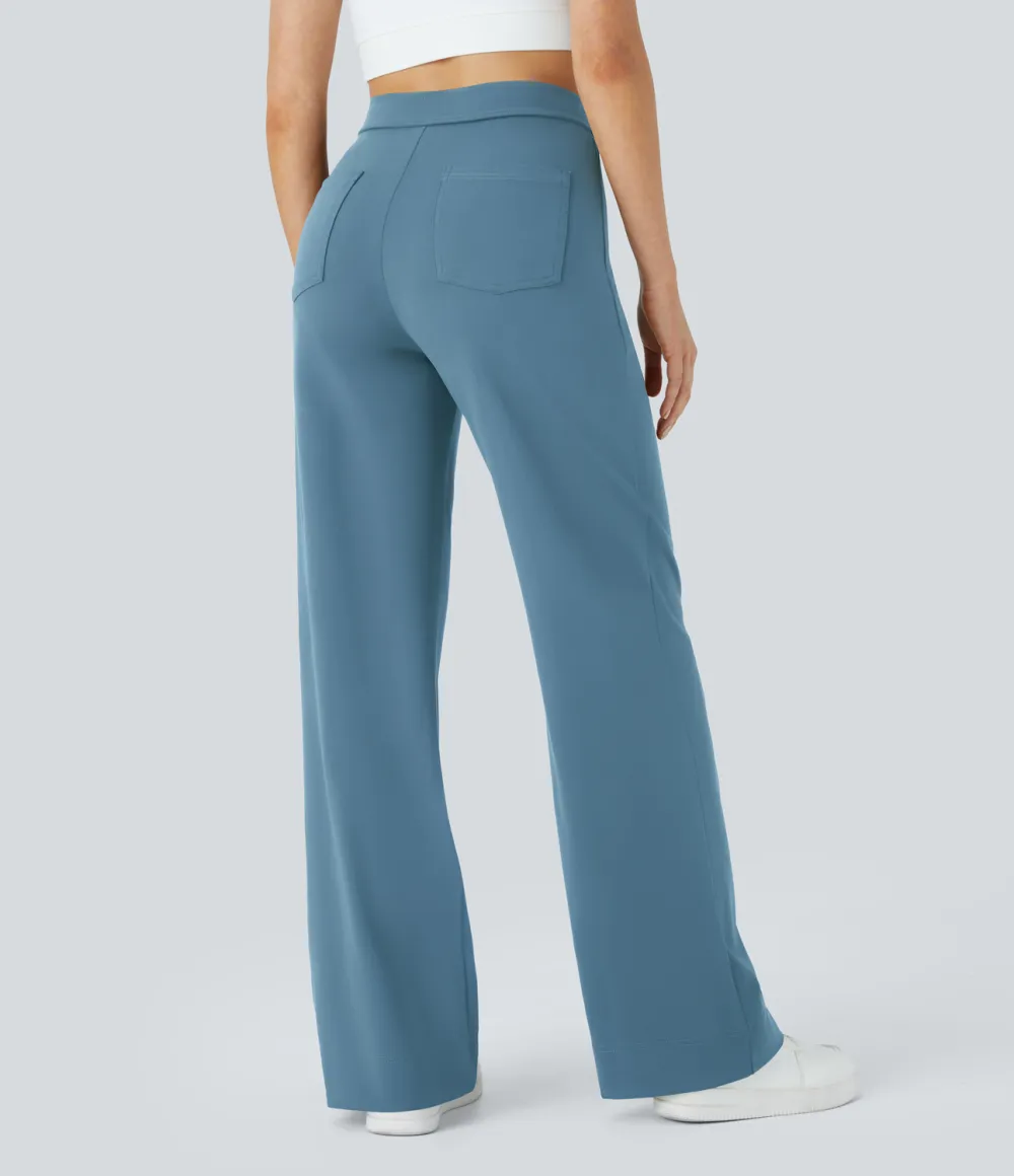 High Waisted Button Multiple Pockets Straight Leg Casual Pants