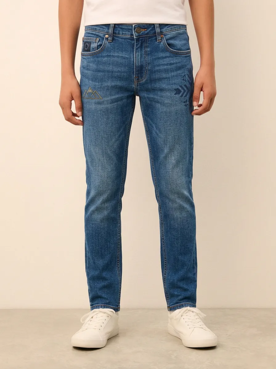 Men's Blue Mountain Graphic Geometric Stretch Jeans