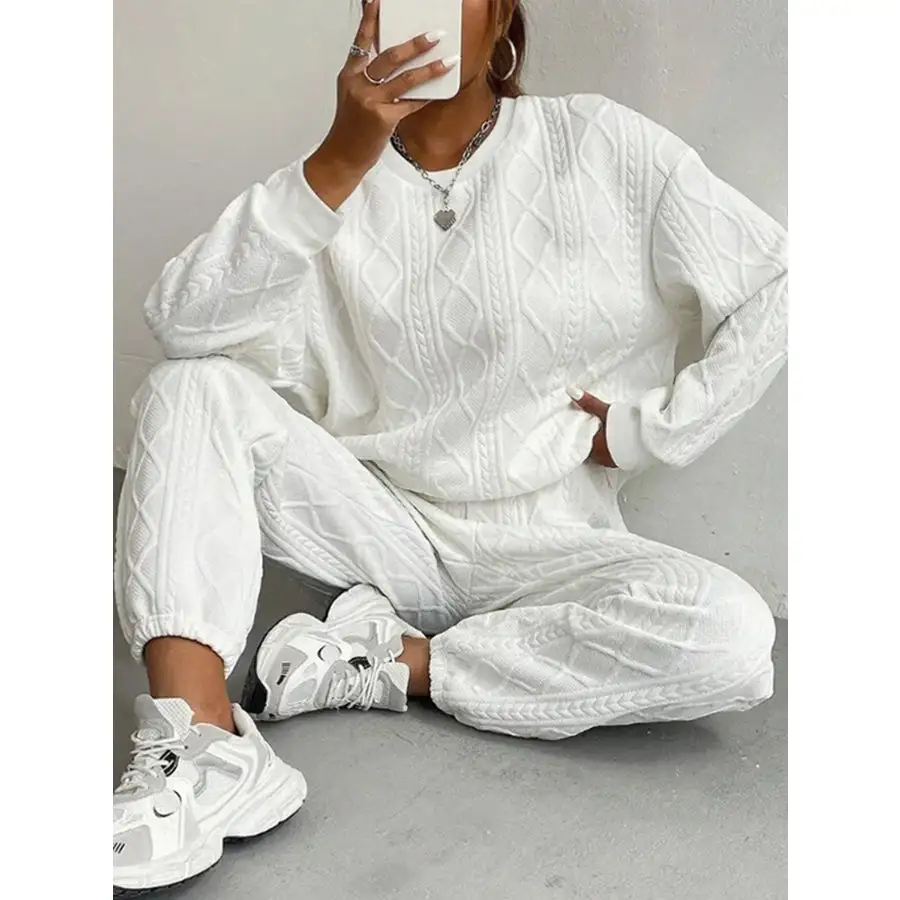 Relaxed Texture Round Neck Top and Pants Set