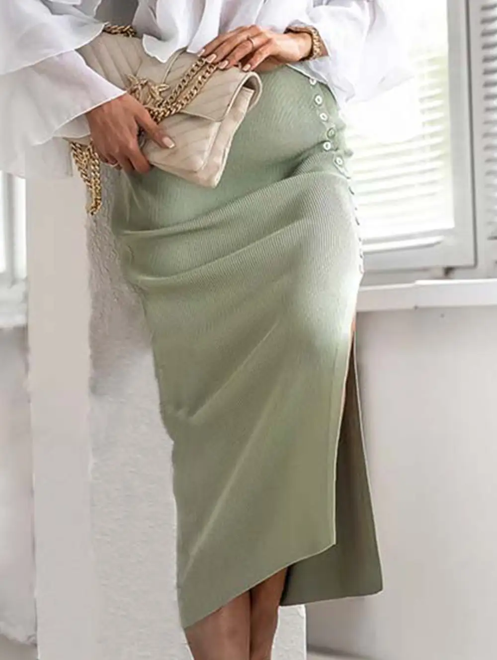 Ribbed Button Front Slit Midi Skirt