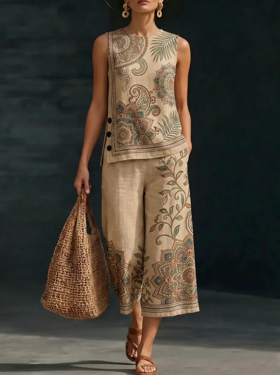 Women's Bohemian Paisley Floral Printed Sleeveless Set
