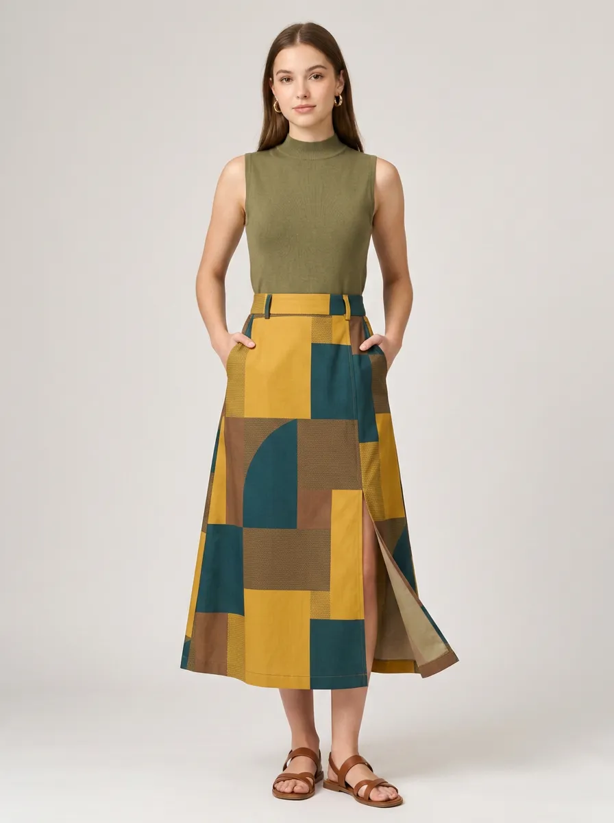 Women's Geometric Pattern Colorblock Printed Midi Skirt