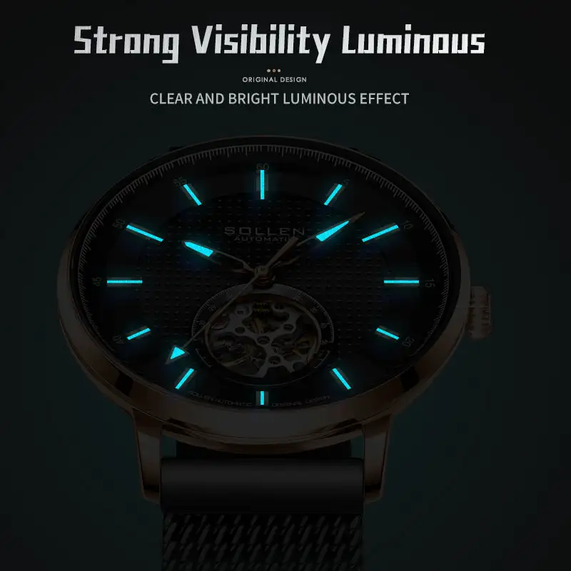 Sollen SL362 Men's Open Heart Automatic Mechanical Watch - 42mm Stainless Steel Case Slim 9.9mm Ice Blue Luminous Markers Mesh Bracelet Wristwatch
