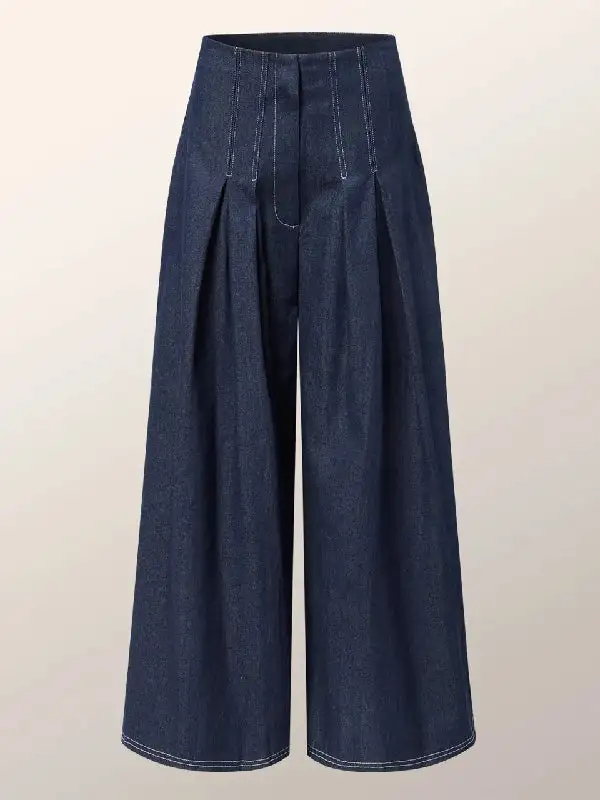 High Waist Relaxed Fit Wide Leg Seamed Pleated Jeans