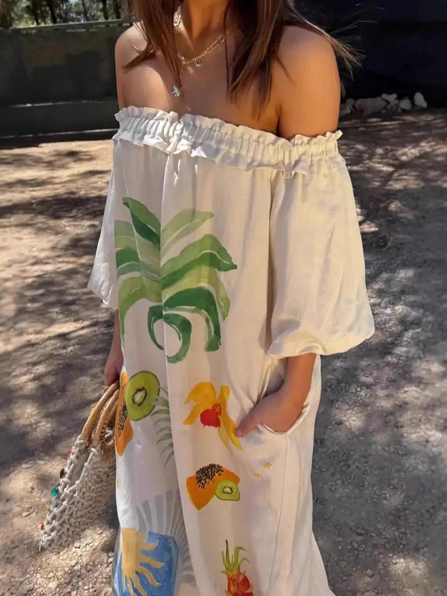 Sleeves Pleated Printed Long Maxi Dress