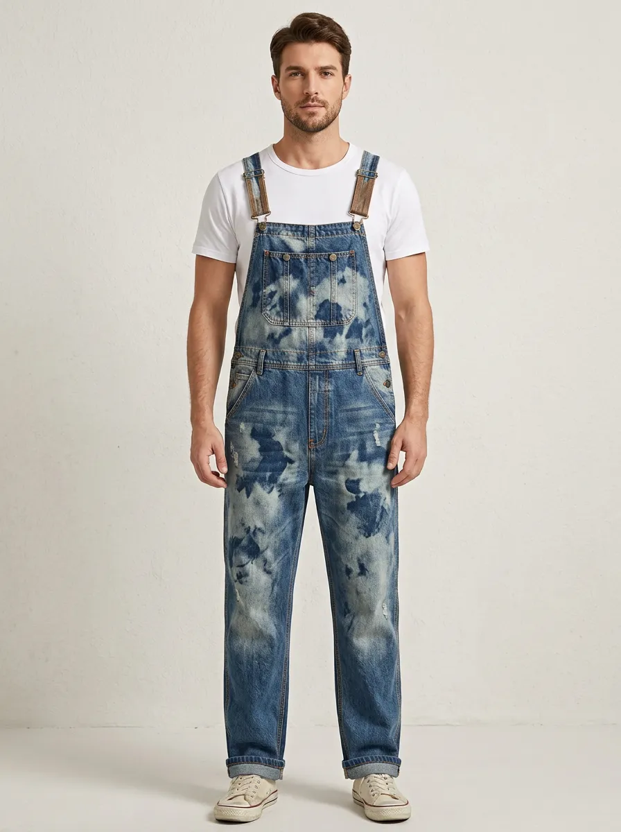 Bleach-Wash Denim Overalls