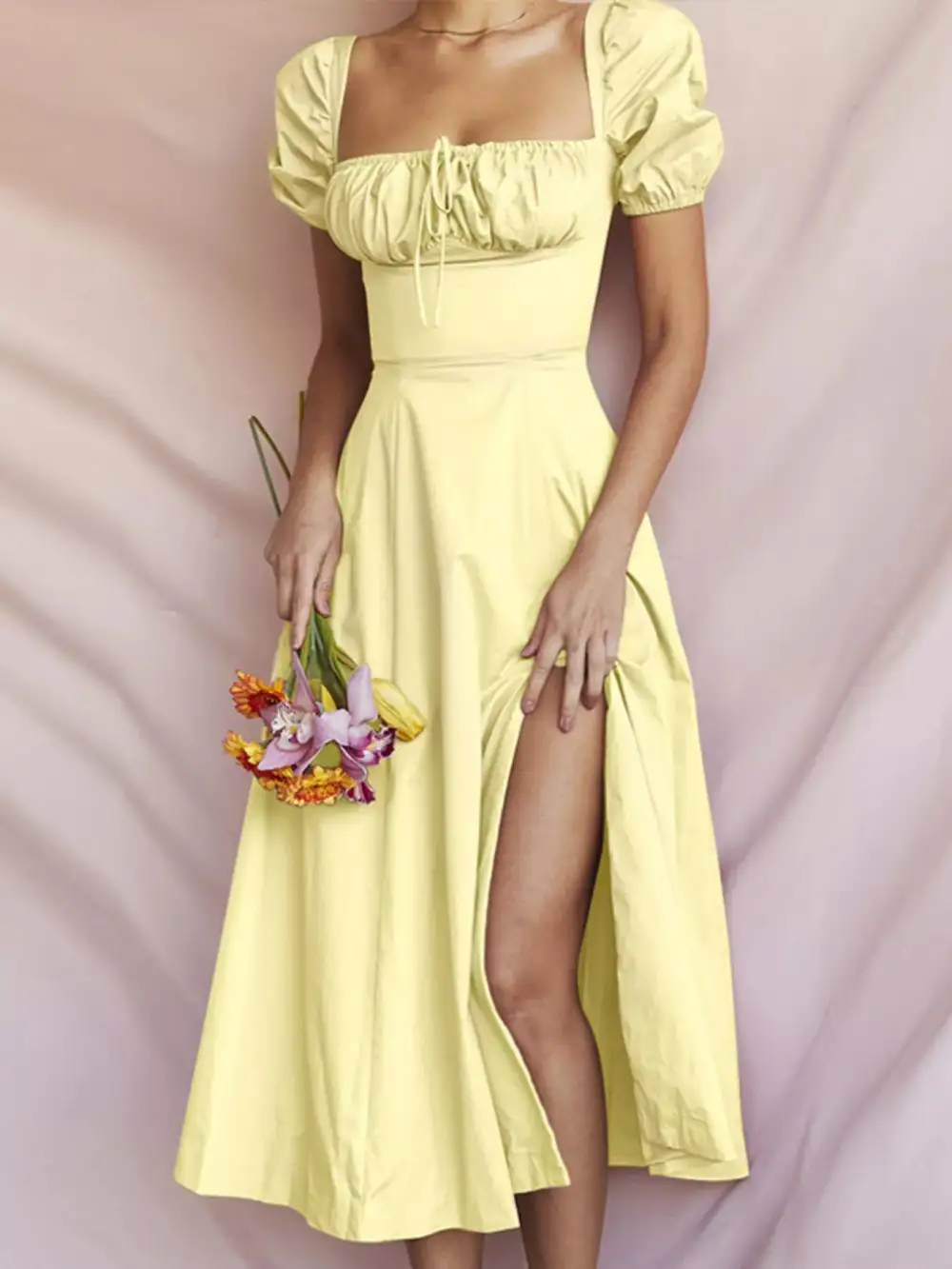 Slit Puff Sleeve Midi Dress