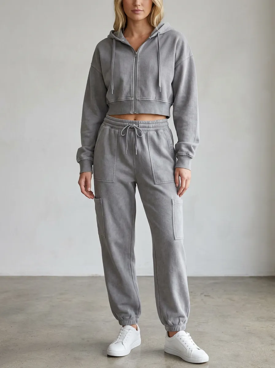 Zip-Up Acid-Wash Cargo-Jogger Jogger Women's Cropped Zip-Up Hoodie Jogger Active Set