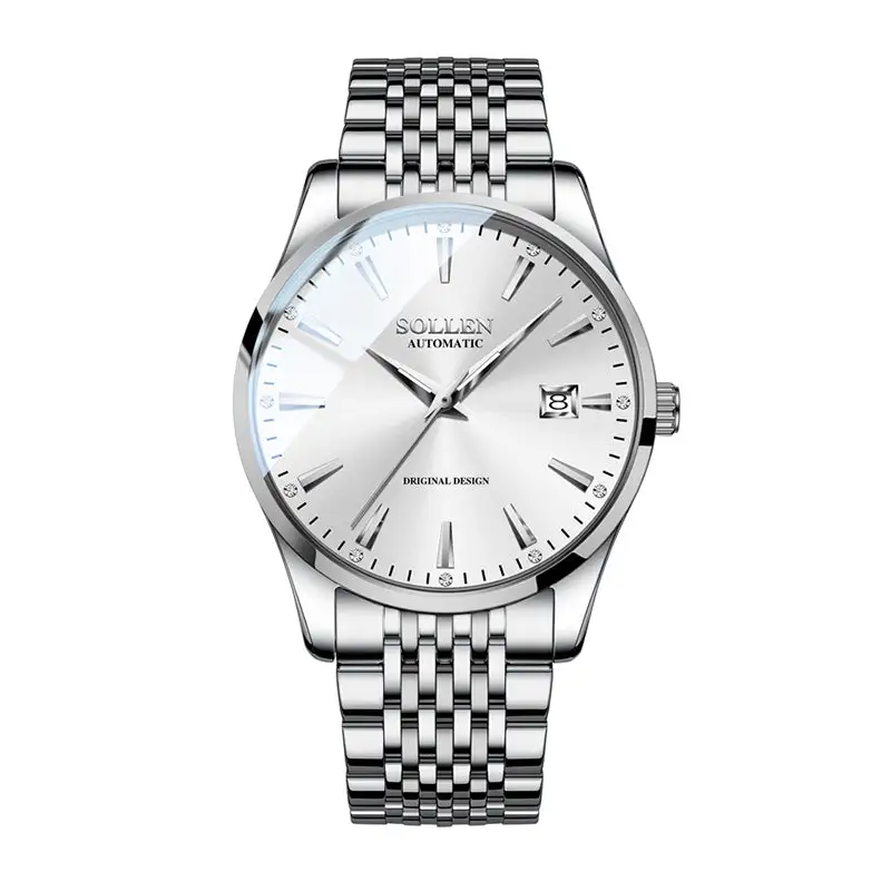 Sollen 9032 Automatic Watch - Men's Sunray Dial Luminous Dot Markers 9-Bead Stainless Steel Bracelet Wristwatch