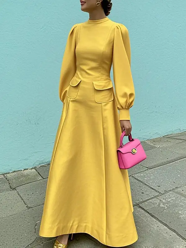 Mock Pleated Long Neck Maxi Dress