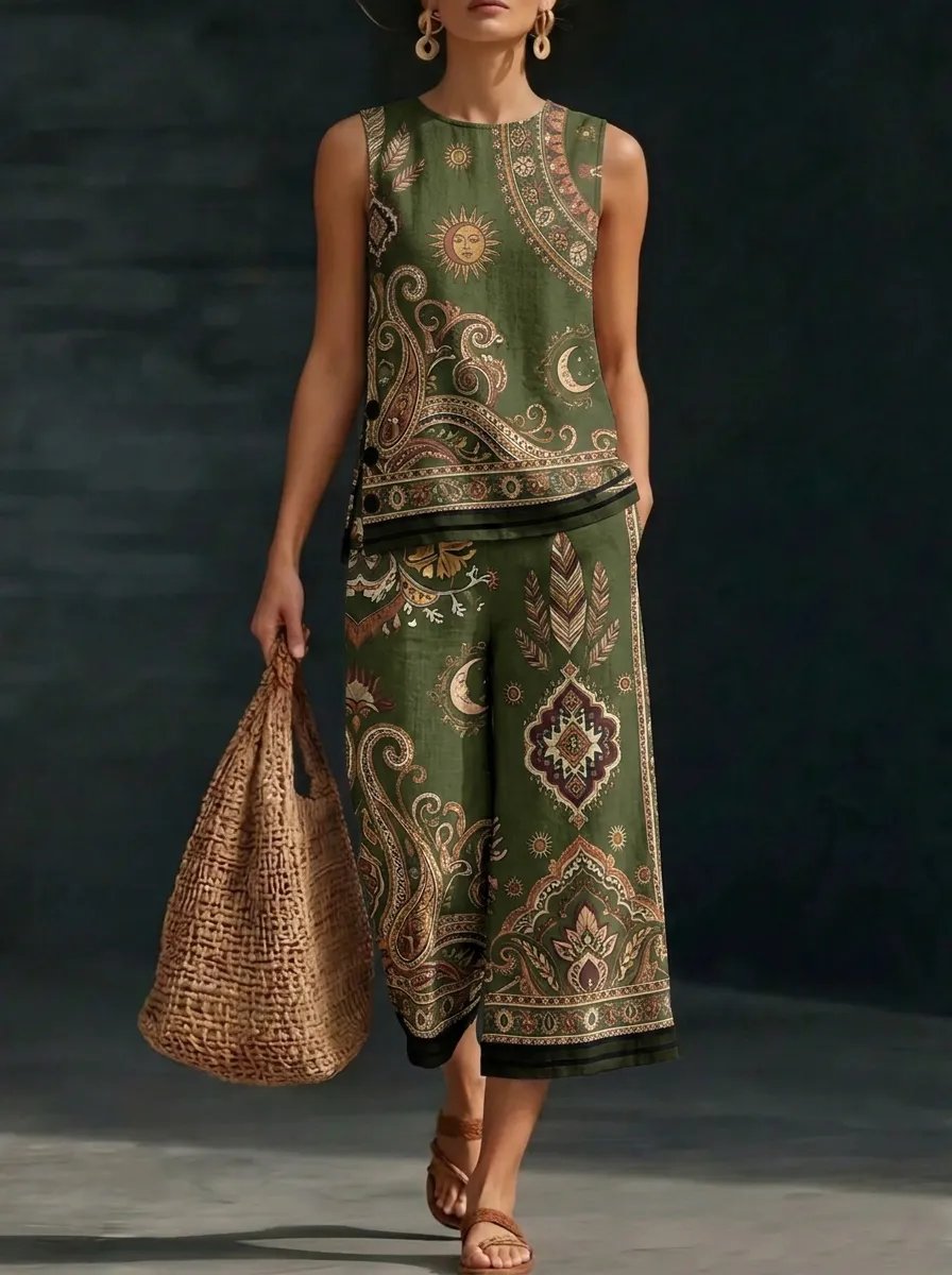 Women's Boho Sun Moon Paisley Printed Sleeveless Set