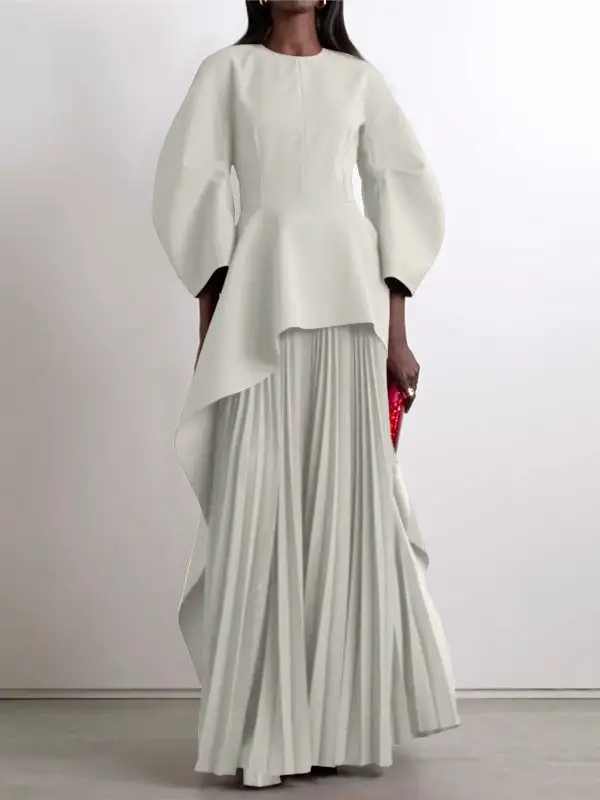 Tiered Pleated Long Neck Maxi Dress