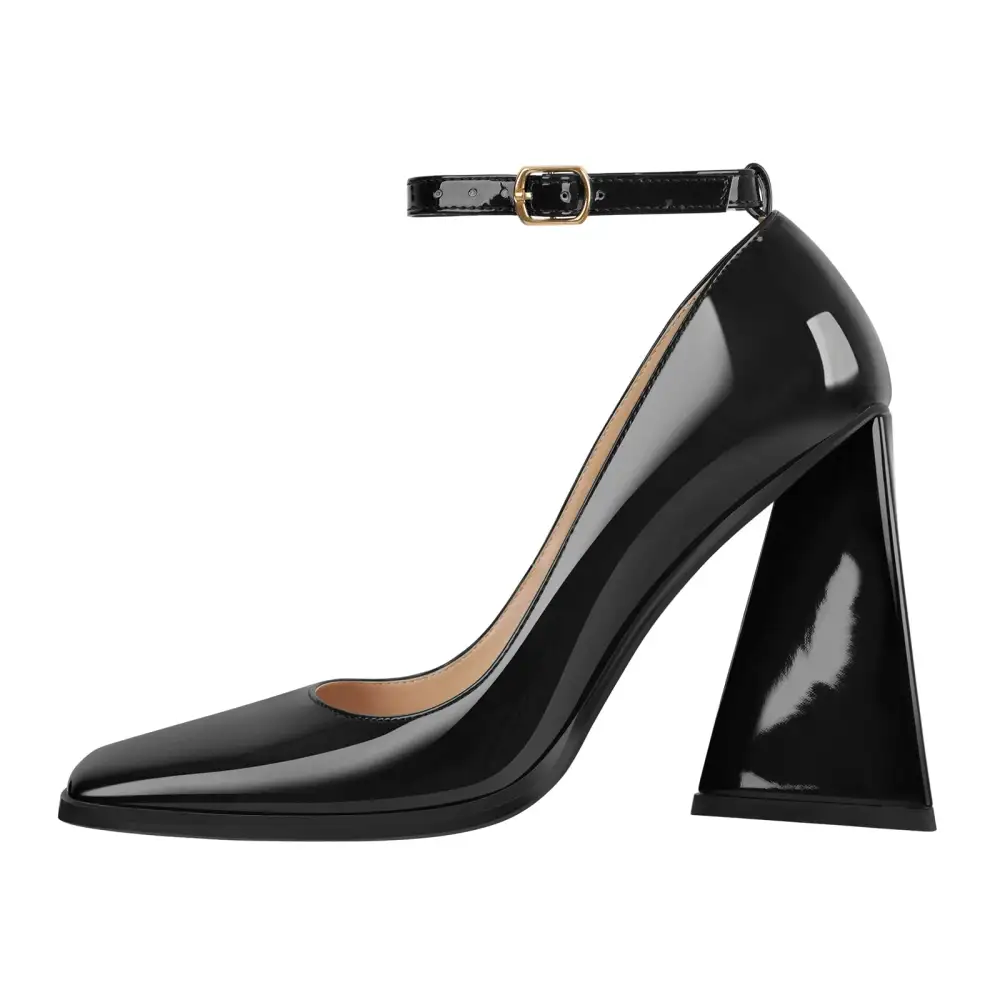 Patent Finish Square Toe Chunky Heel Ankle Strap Pumps