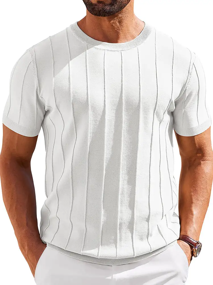 Casual Short Sleeve Shirt Ribbed Knit Pullover Tee