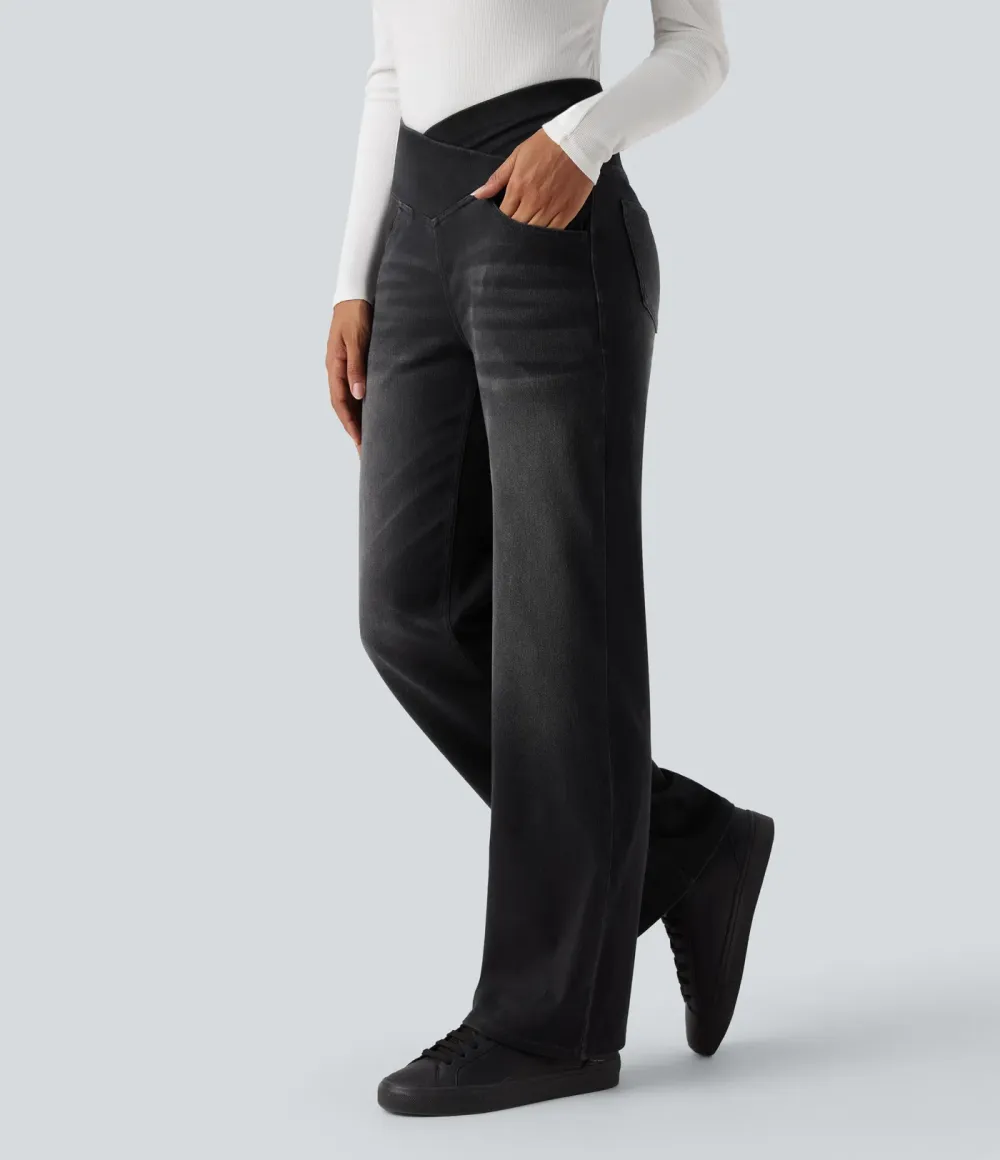 High-waisted, relaxed, crossover straight-leg jeans with  pockets