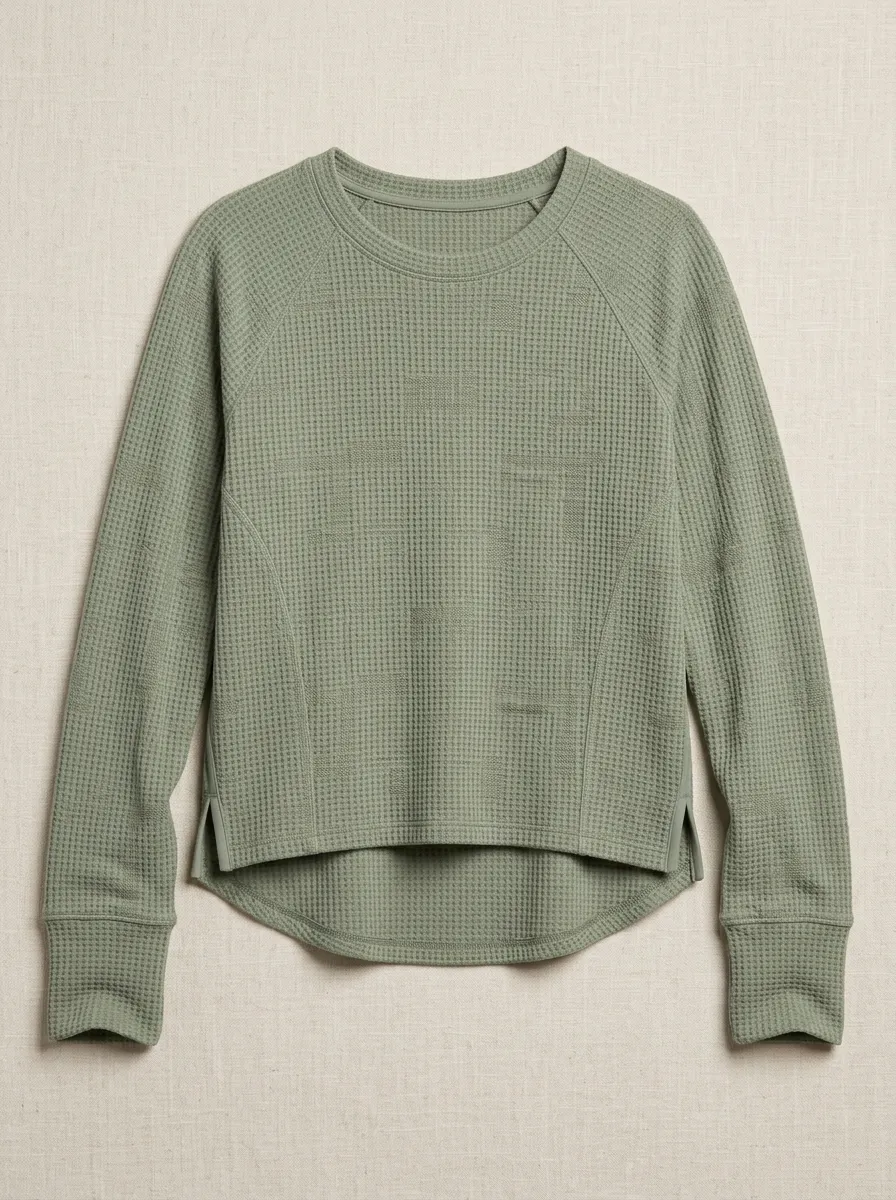 Women's Athletic Sage Green Waffle Knit Long Sleeve Top