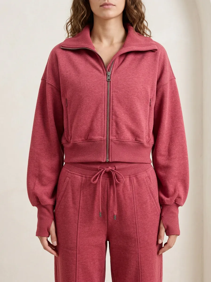 Comfort Focused Zip Front Stand Collar Cropped Women's Zip Front Two Piece Set
