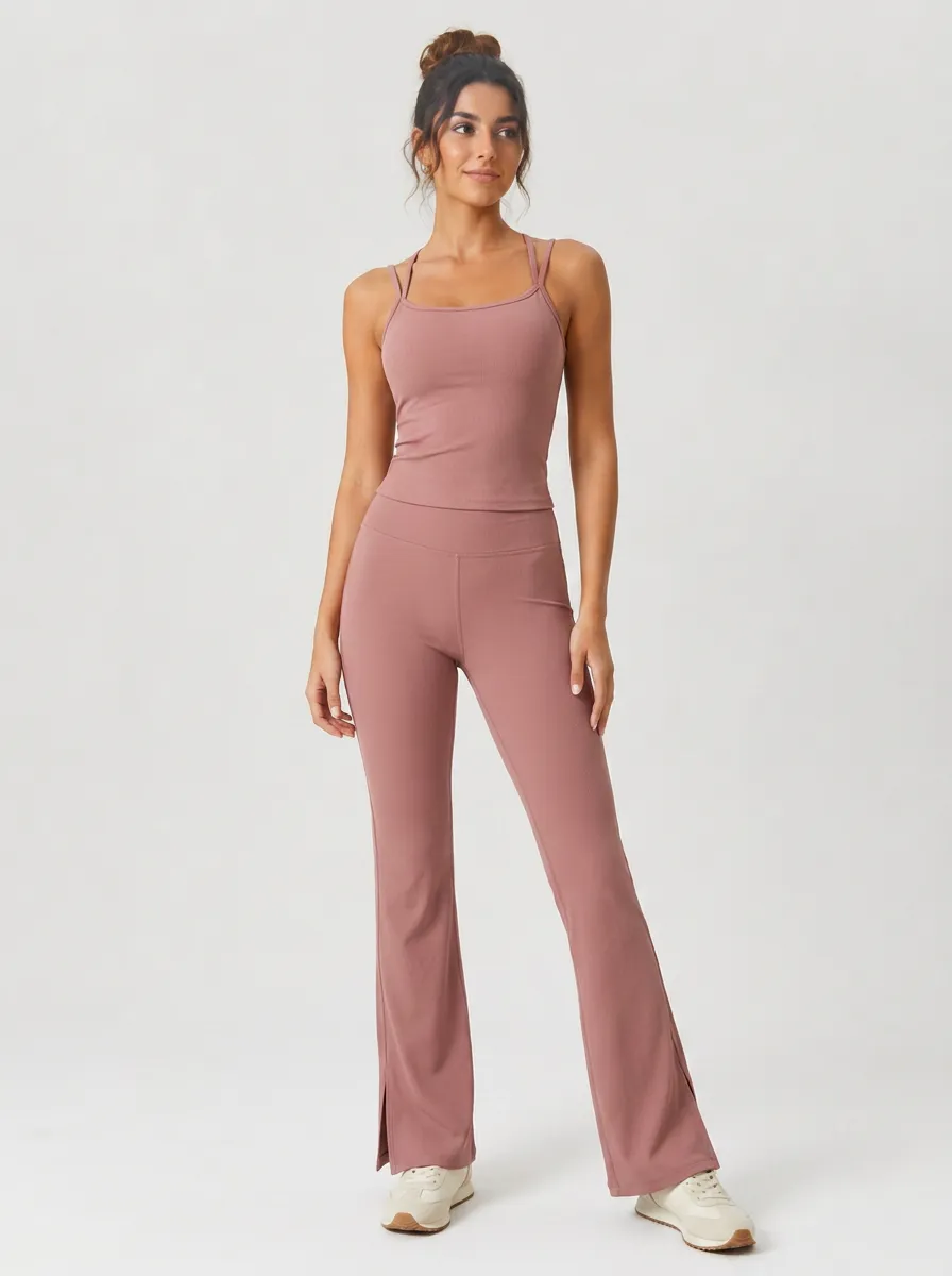 Women's Yoga Fitness Dusty Rose Ribbed Split Hem Set