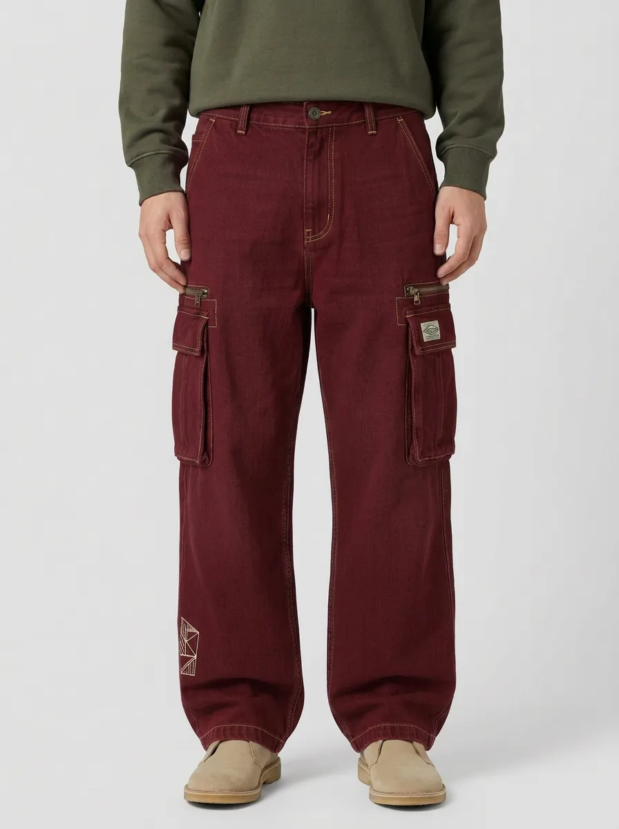 Men's Geometric Pattern Distressed Denim Graphic Cargo Pants