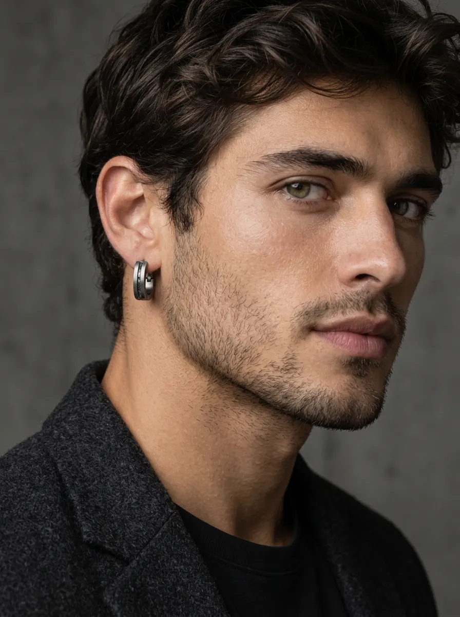 Men's Streamlined Stripe Stainless Steel Hoop Earrings