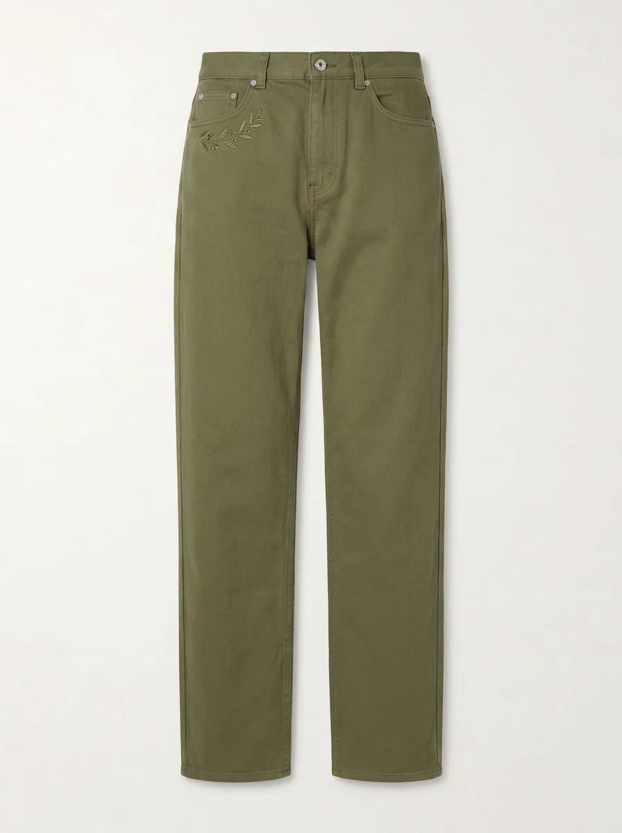 Women's Olive Green Olive Branch Embroidered Mid-Rise Straight Leg Pants