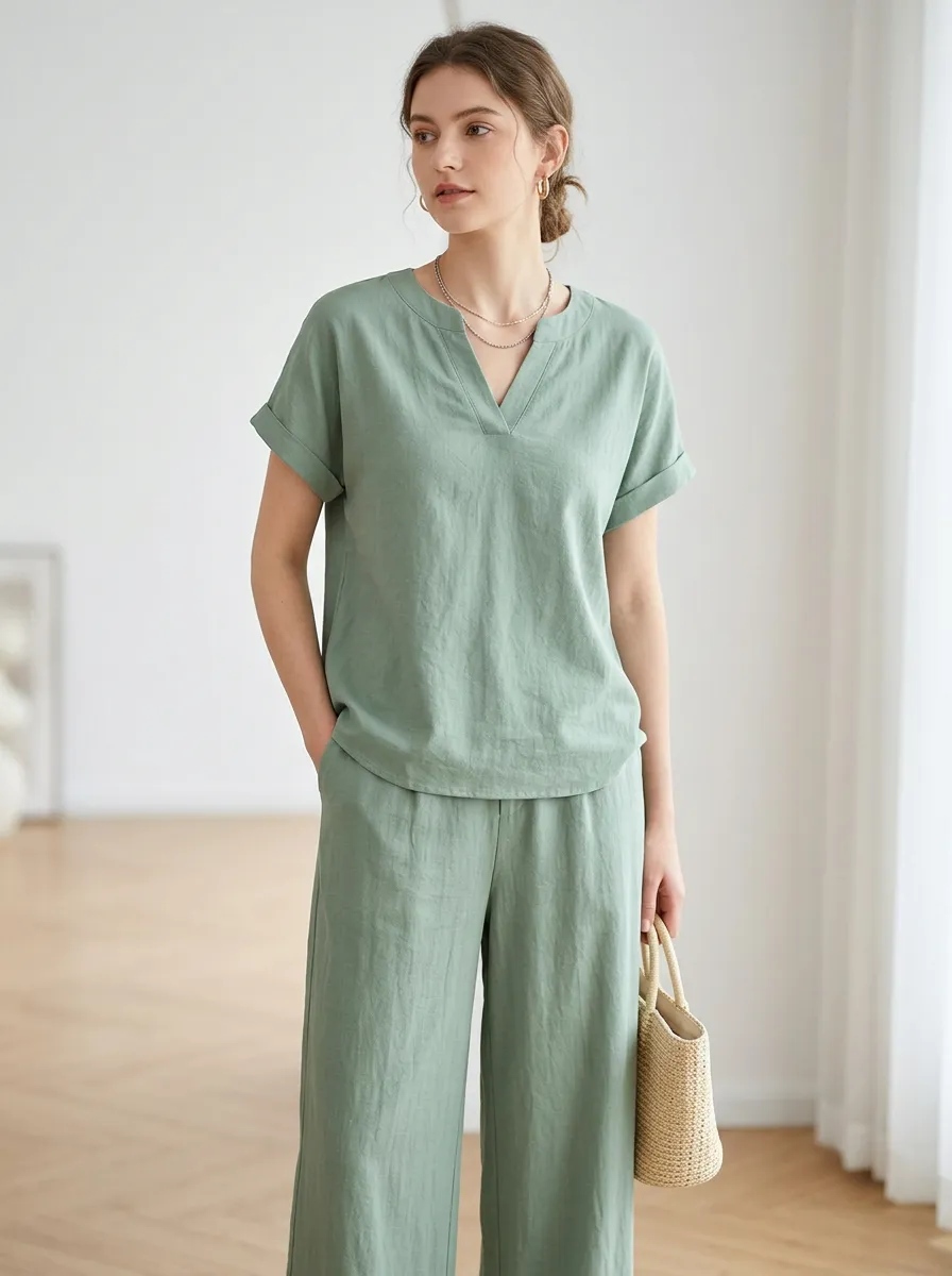 Short-Sleeve Cuffed-Sleeve Women's V-Neck Shirt