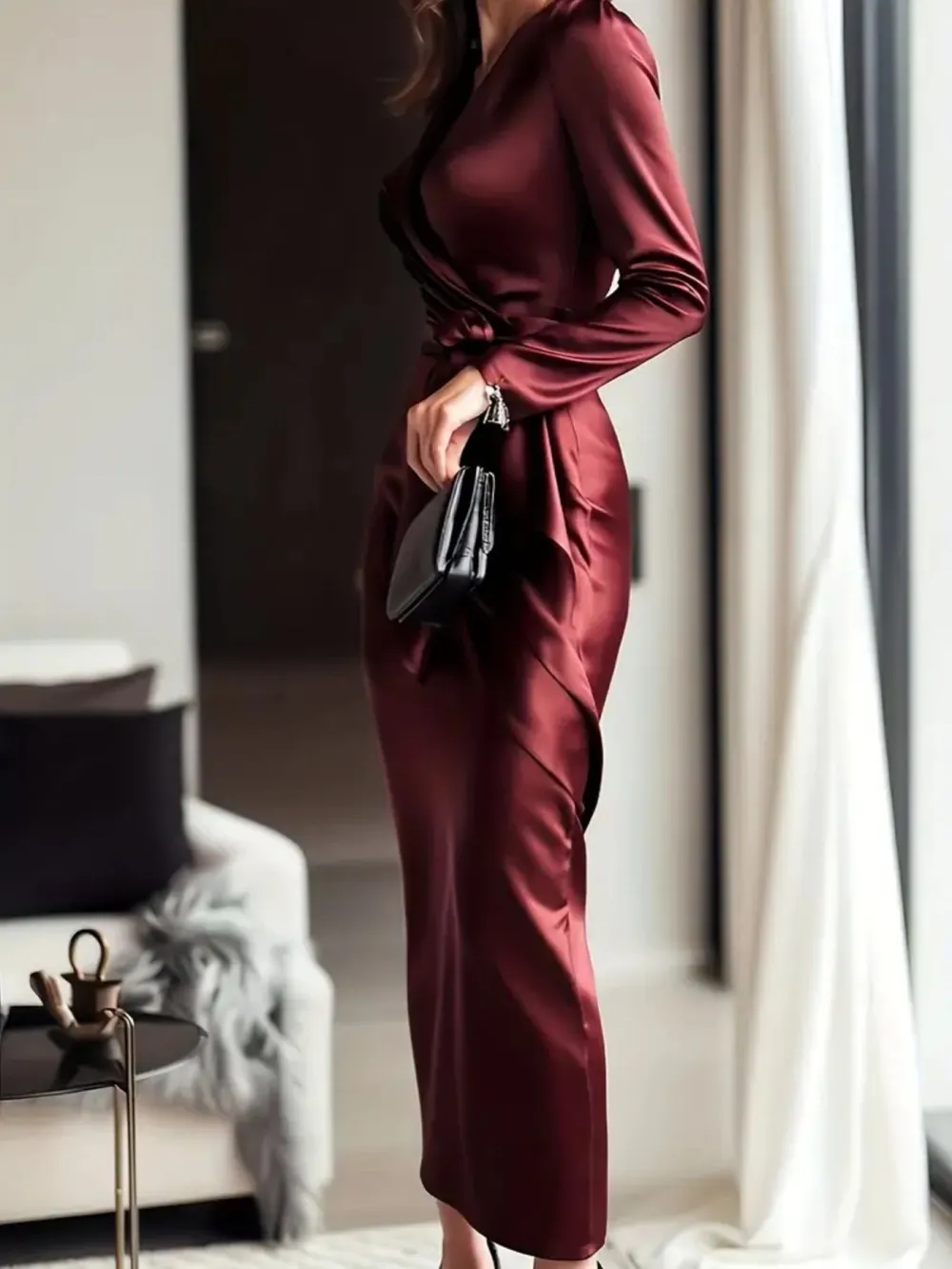 Satin Tie Waist Long Sleeve Dress Casual