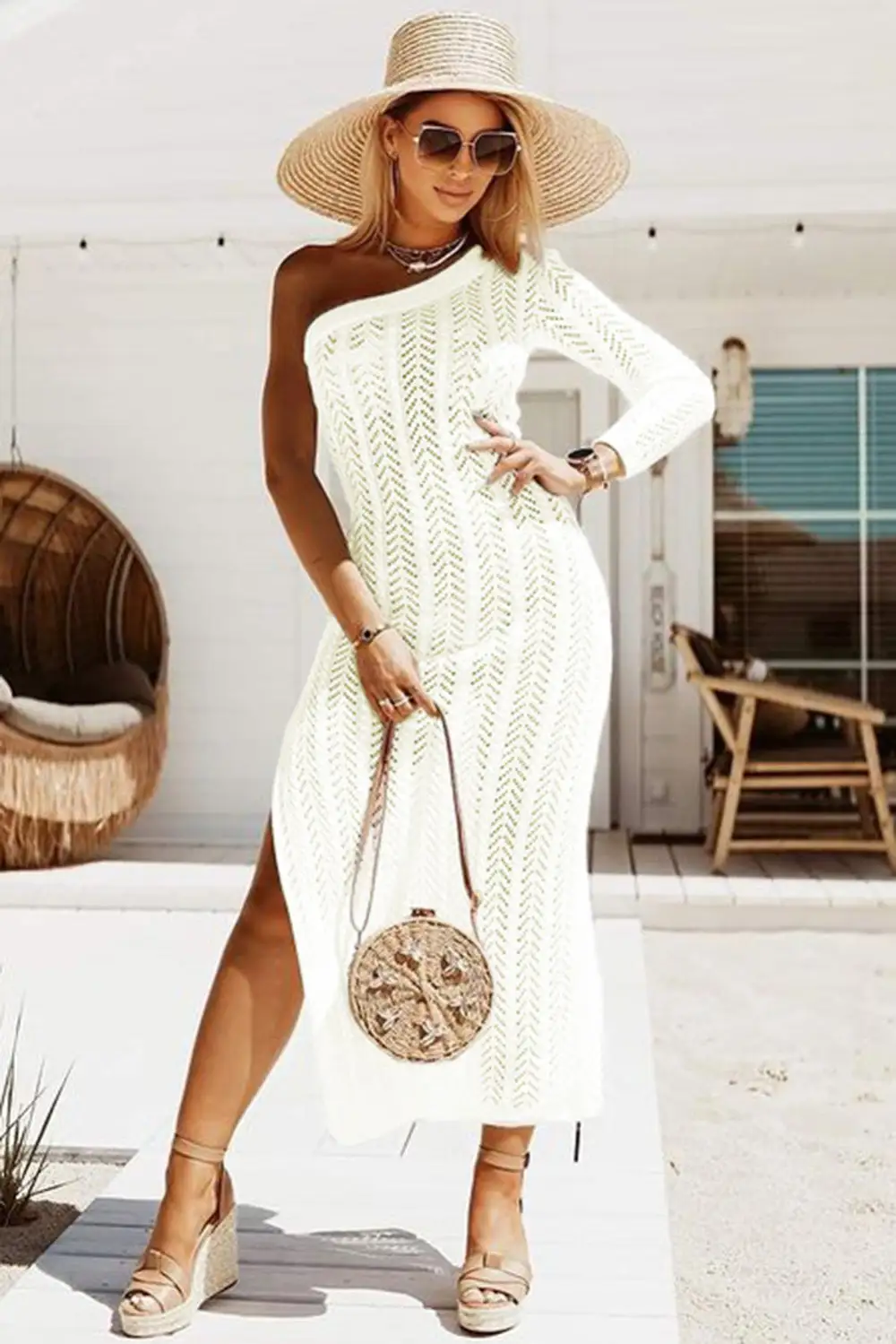 Swimwear Solid Asymmetrical One Shoulder Sheath Casual Boho Cover Up