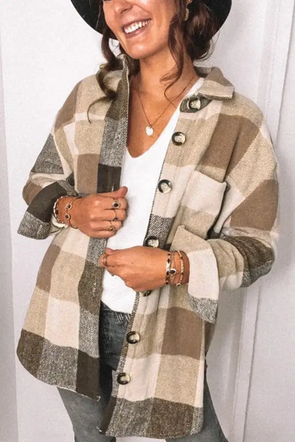 Plaid Block Button Long Sleeve Jacket With