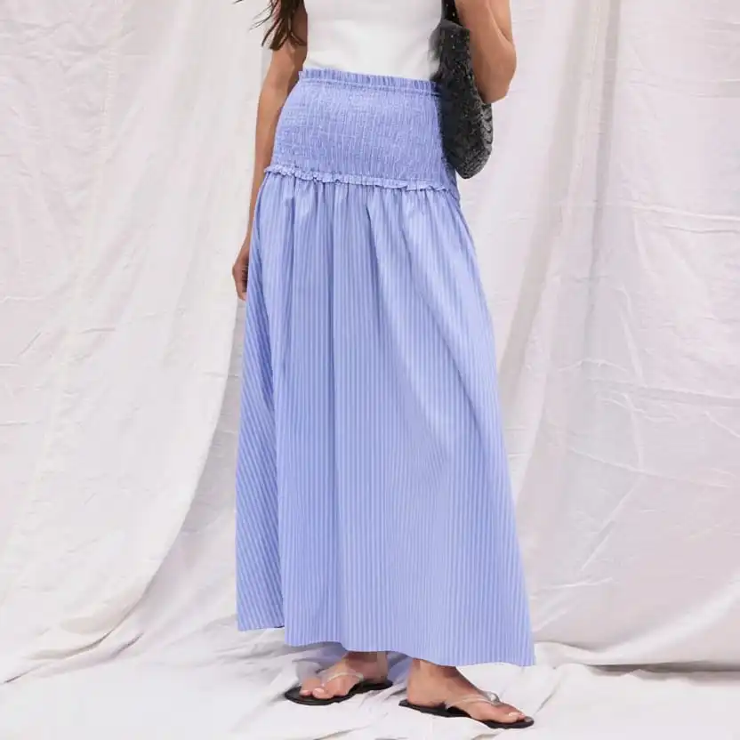 Shirred Waist Striped Midi Skirt