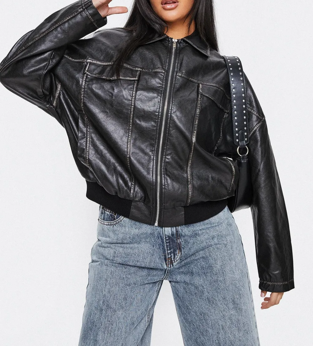 Women’s Faux Leather Collared Jacket