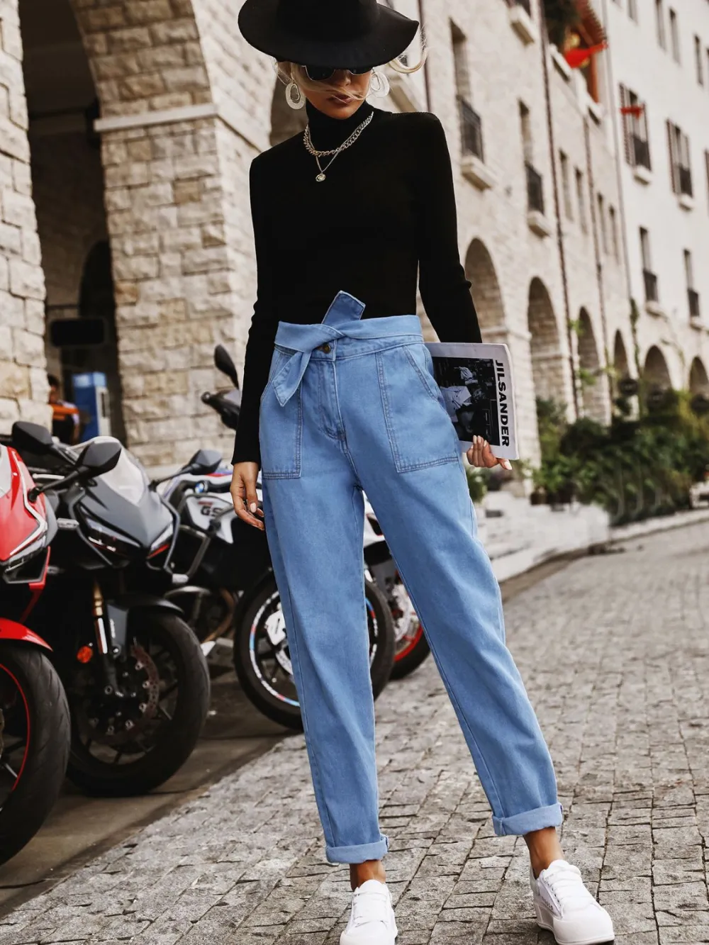 Tied Straight Pocket Denim Jeans