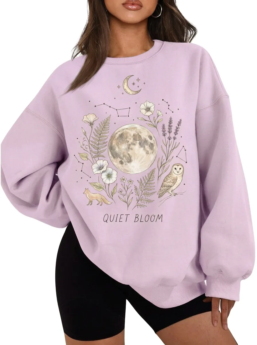 Women's Celestial Nature Moon Owl Fox Graphic Sweatshirt