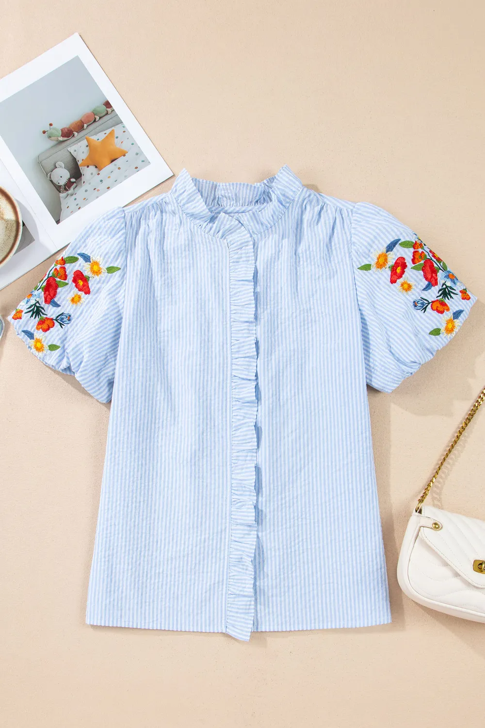 Sky Blue Stripe Floral Embroidered Shirt