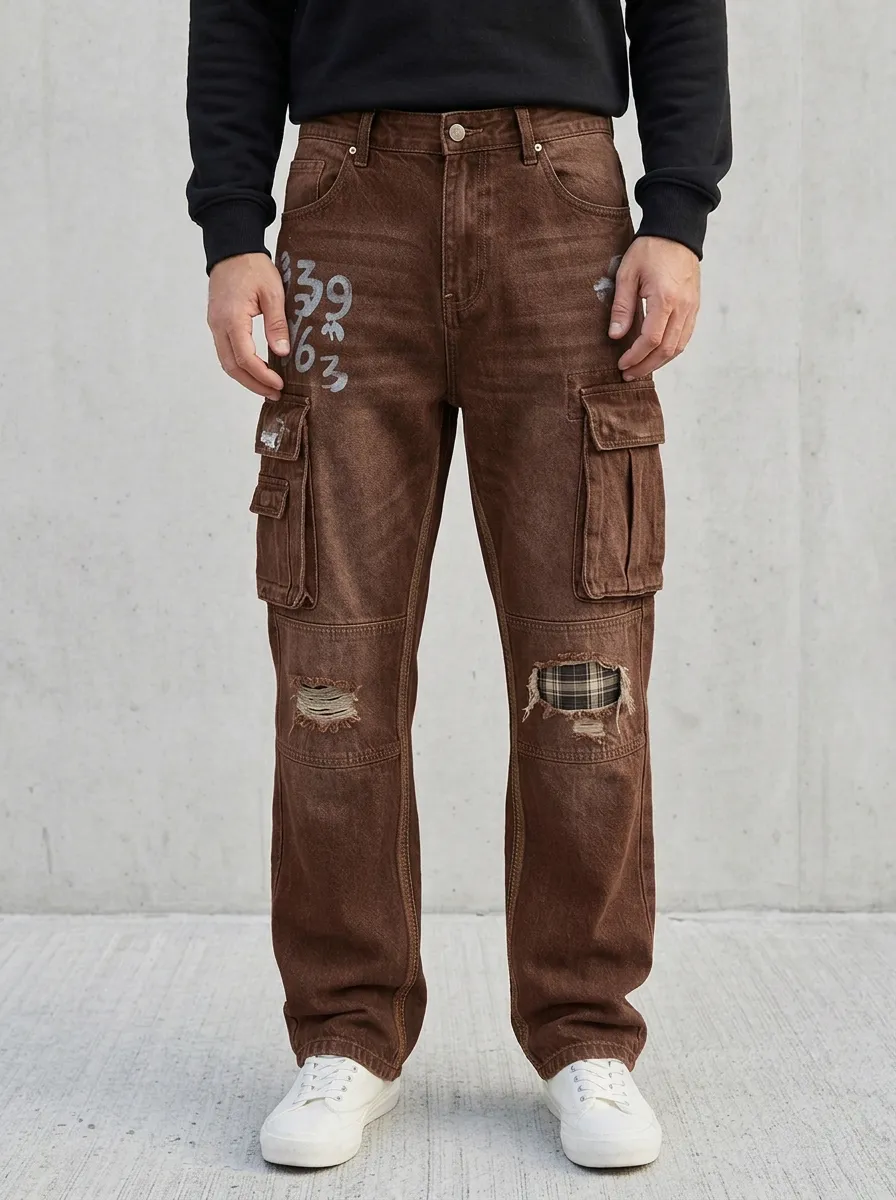 Men's Streetwear Number Printed Distressed Plaid Patchwork Cargo Jeans
