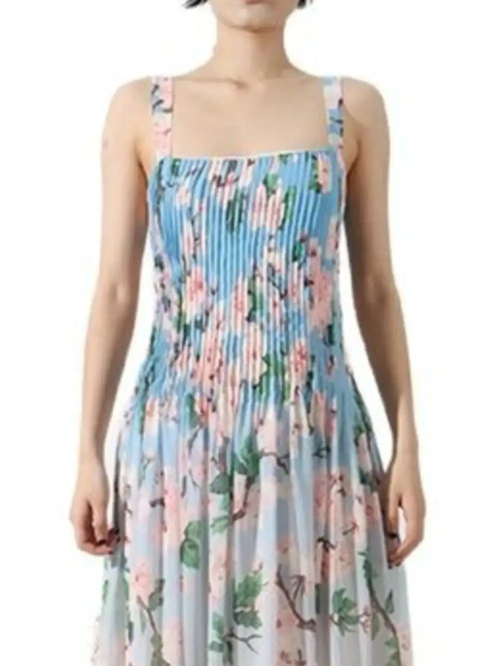 Layered Detail Floral Printed Pleated Maxi Dress