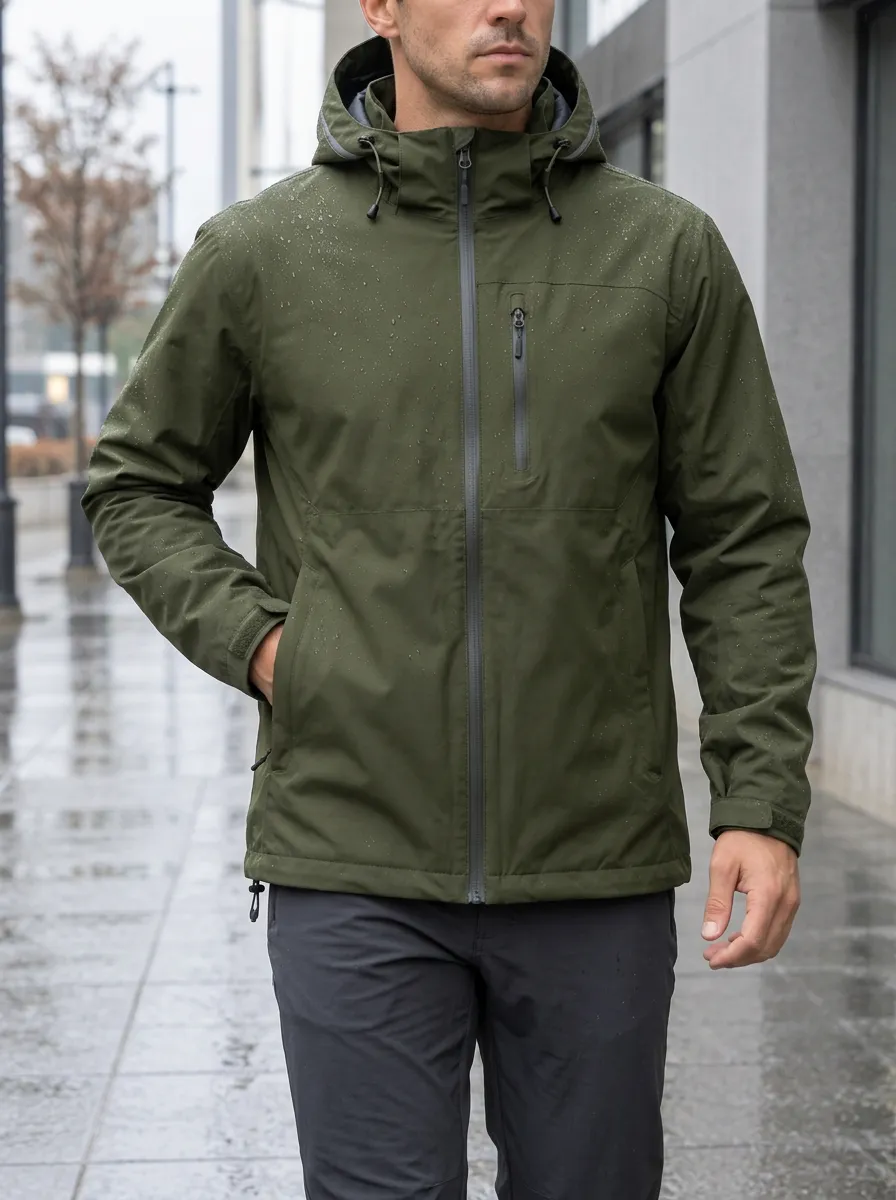 Men's Olive Green Waterproof Hooded Jacket with a Hood and Adjustable Cuffs