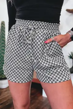 Checkerboard Print Drawstring Elastic Waist Pocketed Shorts
